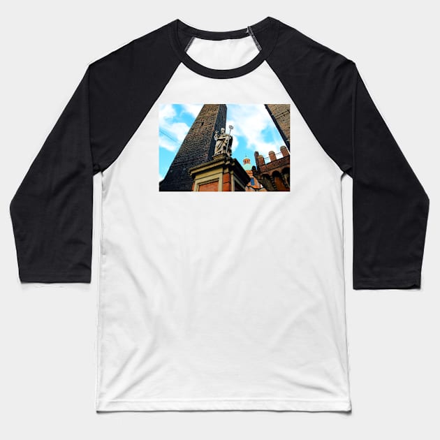 The Two Towers with the statue of St Petronius in Bologna Baseball T-Shirt by KristinaDrozd